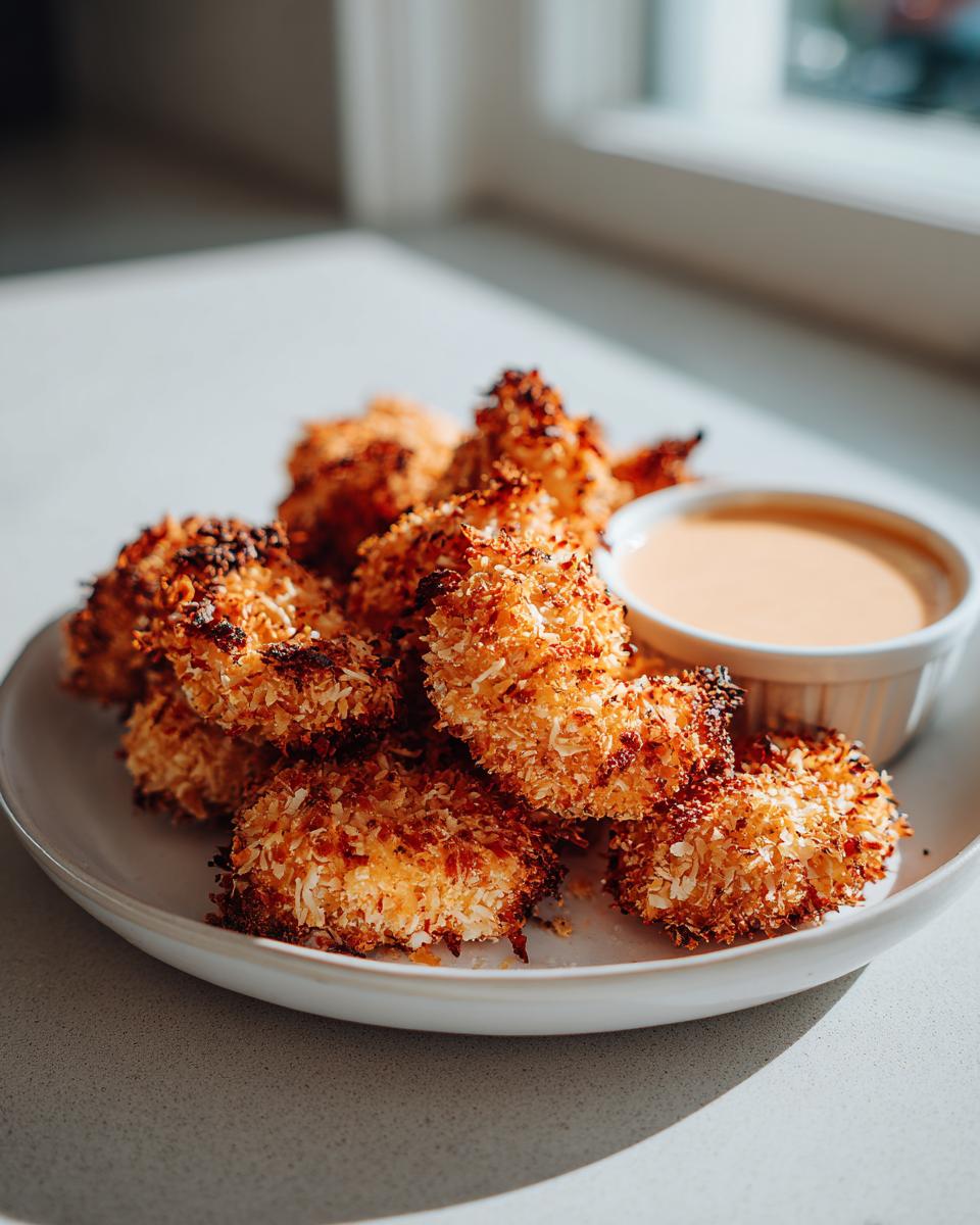 A plate of golden brown, crispy coconut shrimp served with a small ramekin of orange dipping sauce.
