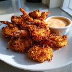 A pile of perfectly fried, golden brown coconut shrimp served on a white plate next to a small ramekin of orange dipping sauce.