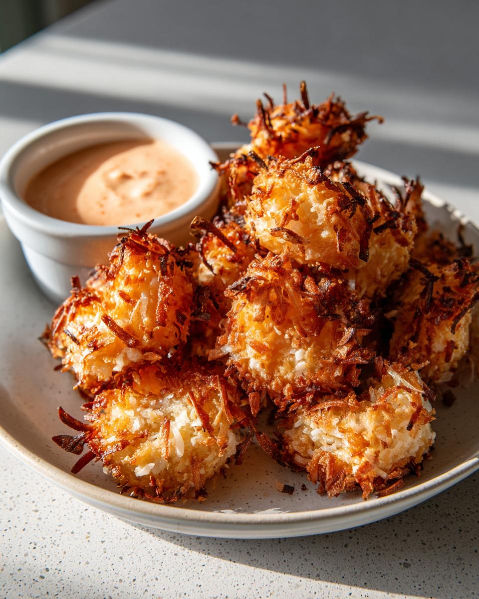 A plate piled high with golden brown, crispy coconut shrimp served next to a small bowl of creamy dipping sauce.