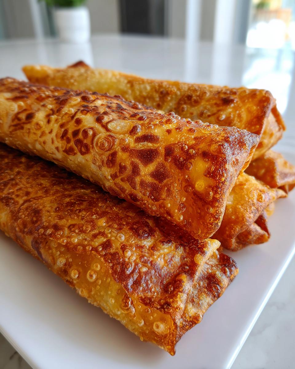 Close-up of several golden brown, crispy fried egg roll wrappers stacked on a white plate.