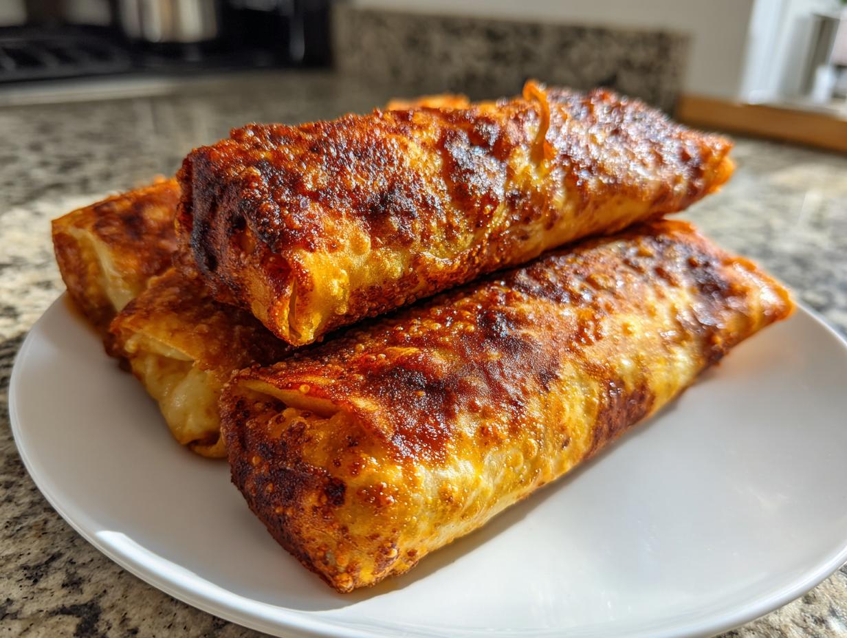 Three perfectly golden and crispy egg rolls stacked on a white plate, showcasing a deep brown, bubbly exterior.