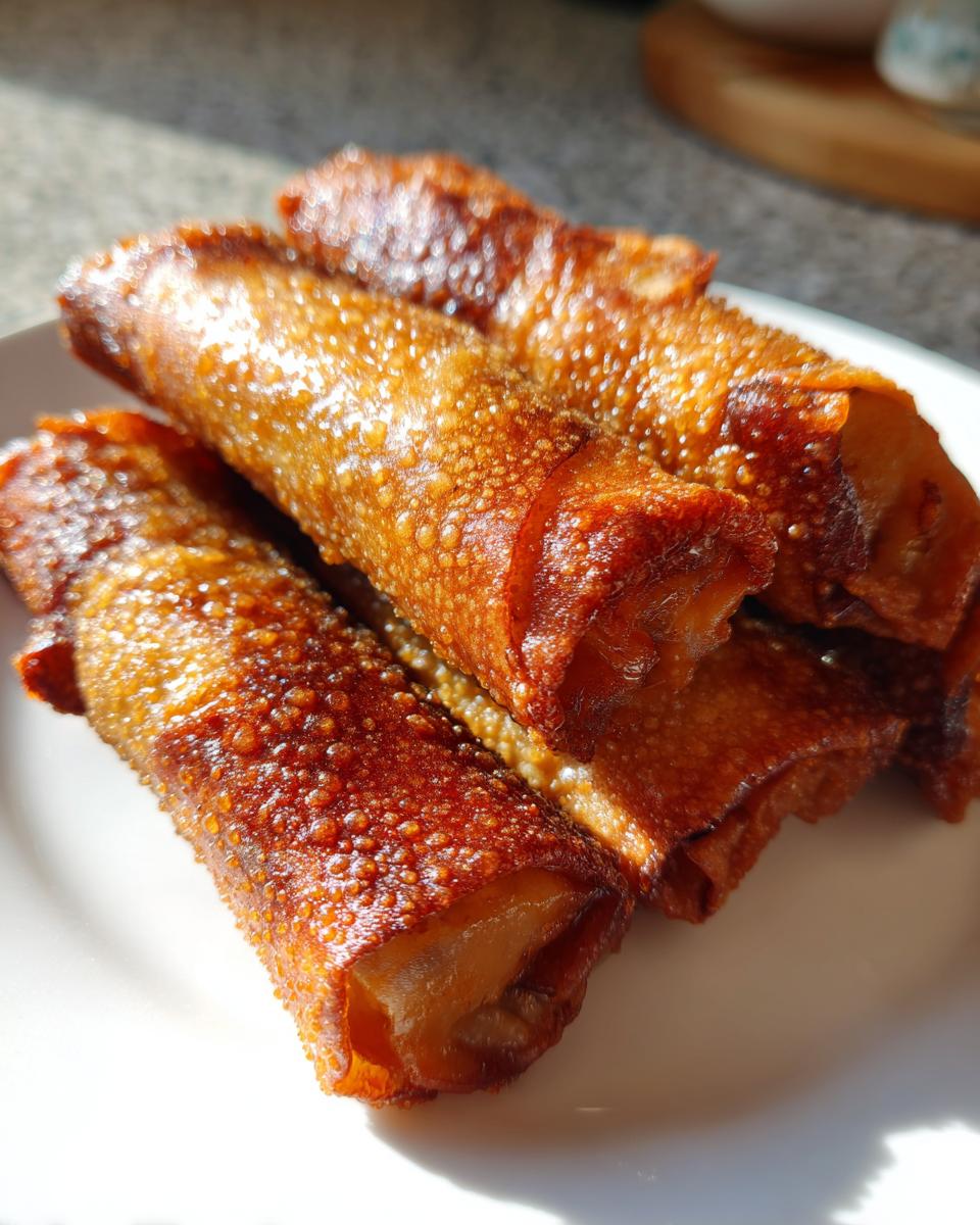 Close-up of four perfectly golden brown and crispy egg roll appetizers stacked on a white plate.