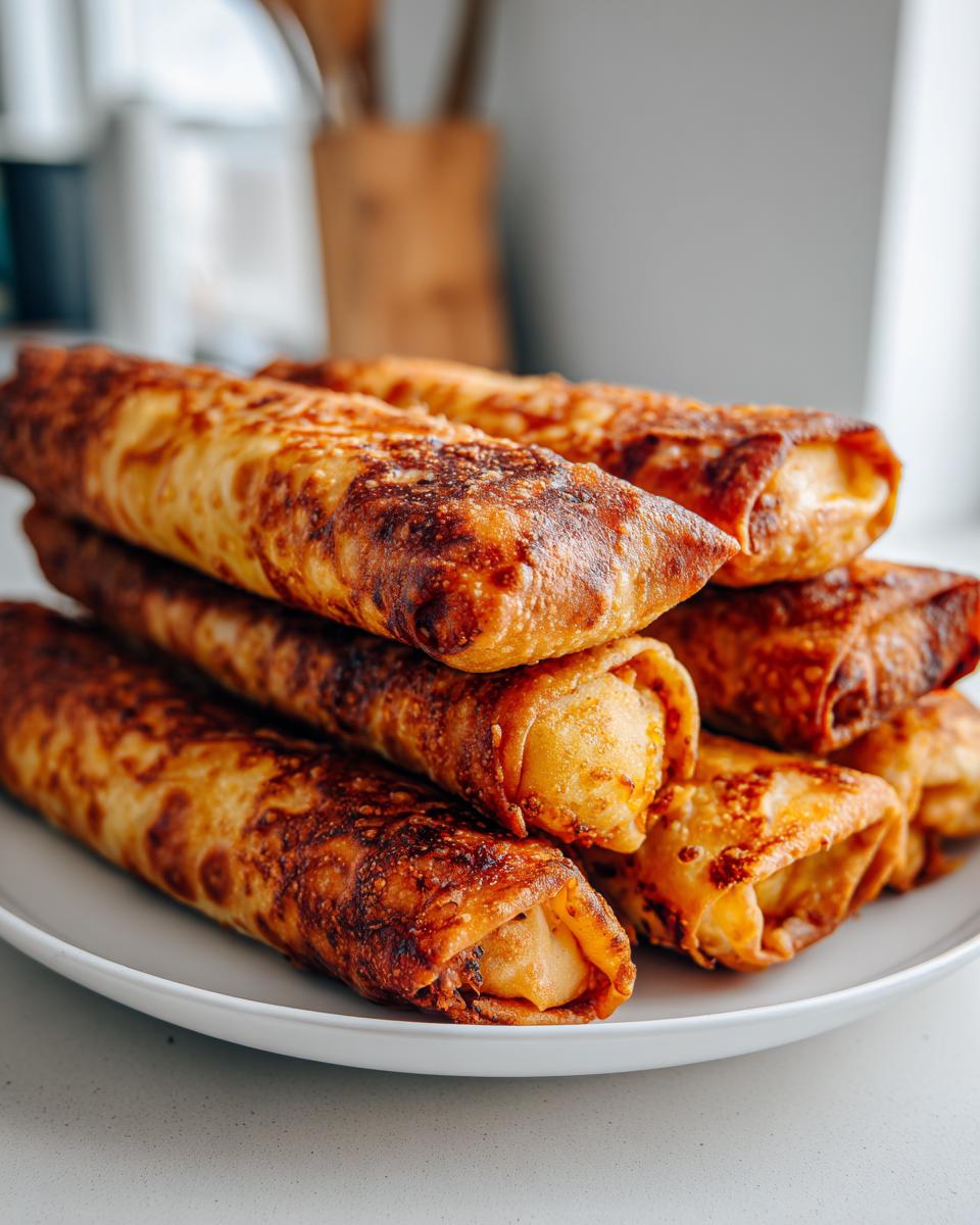 A stack of perfectly golden brown, crispy egg roll appetizers piled high on a white plate.