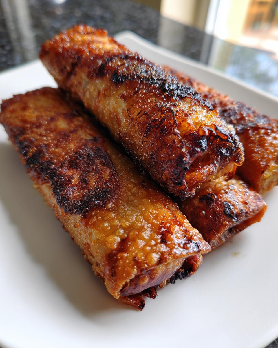 Close-up of three perfectly crispy, golden-brown fried egg roll pieces stacked on a white plate.