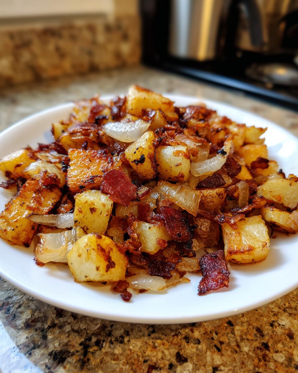 A plate of golden brown, crispy fried potatoes mixed with caramelized onions and bacon pieces.
