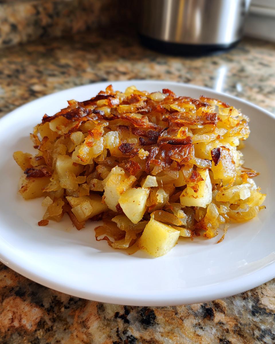 A serving of golden brown, crispy fried potatoes mixed with caramelized onions on a white plate.