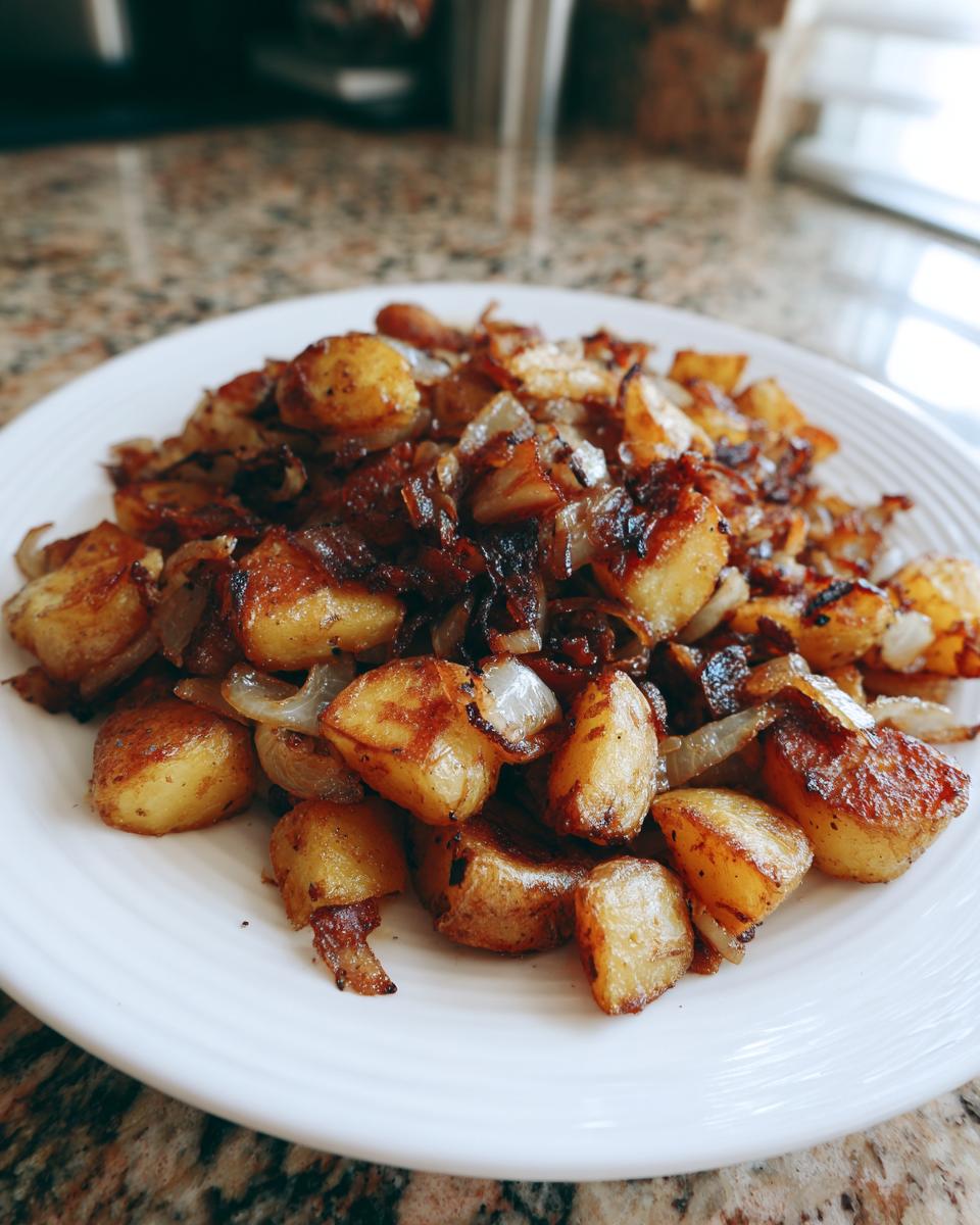 A white plate piled high with golden brown, crispy fried potatoes mixed with deeply caramelized onions.