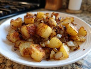 A close-up of perfectly golden and crispy fried potatoes mixed with caramelized onions served on a white plate.