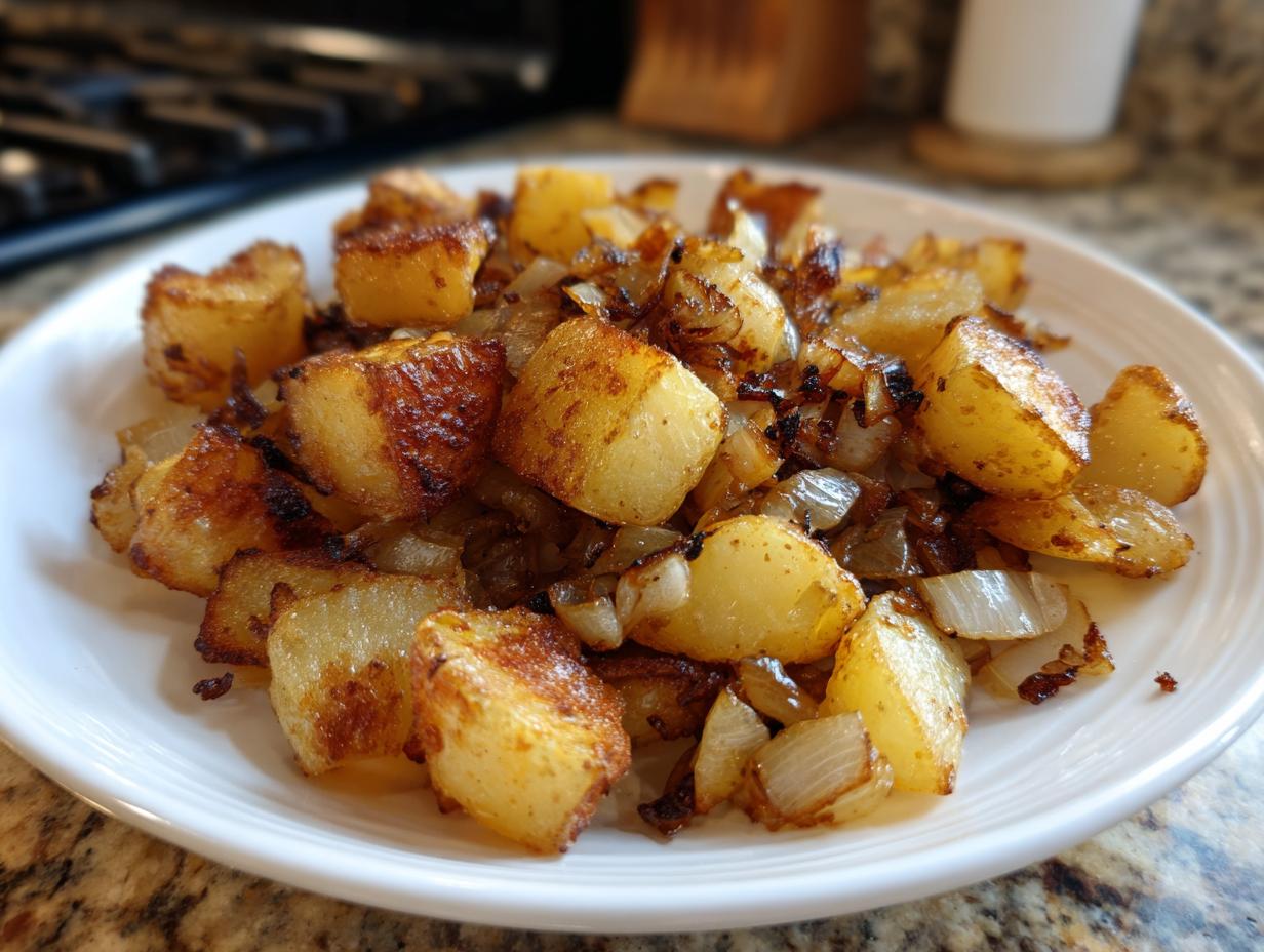 A close-up of perfectly golden and crispy fried potatoes mixed with caramelized onions served on a white plate.