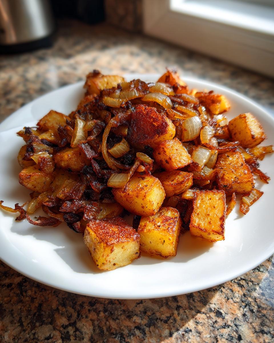 A white plate piled high with golden brown, crispy fried potatoes mixed with deeply caramelized onions.