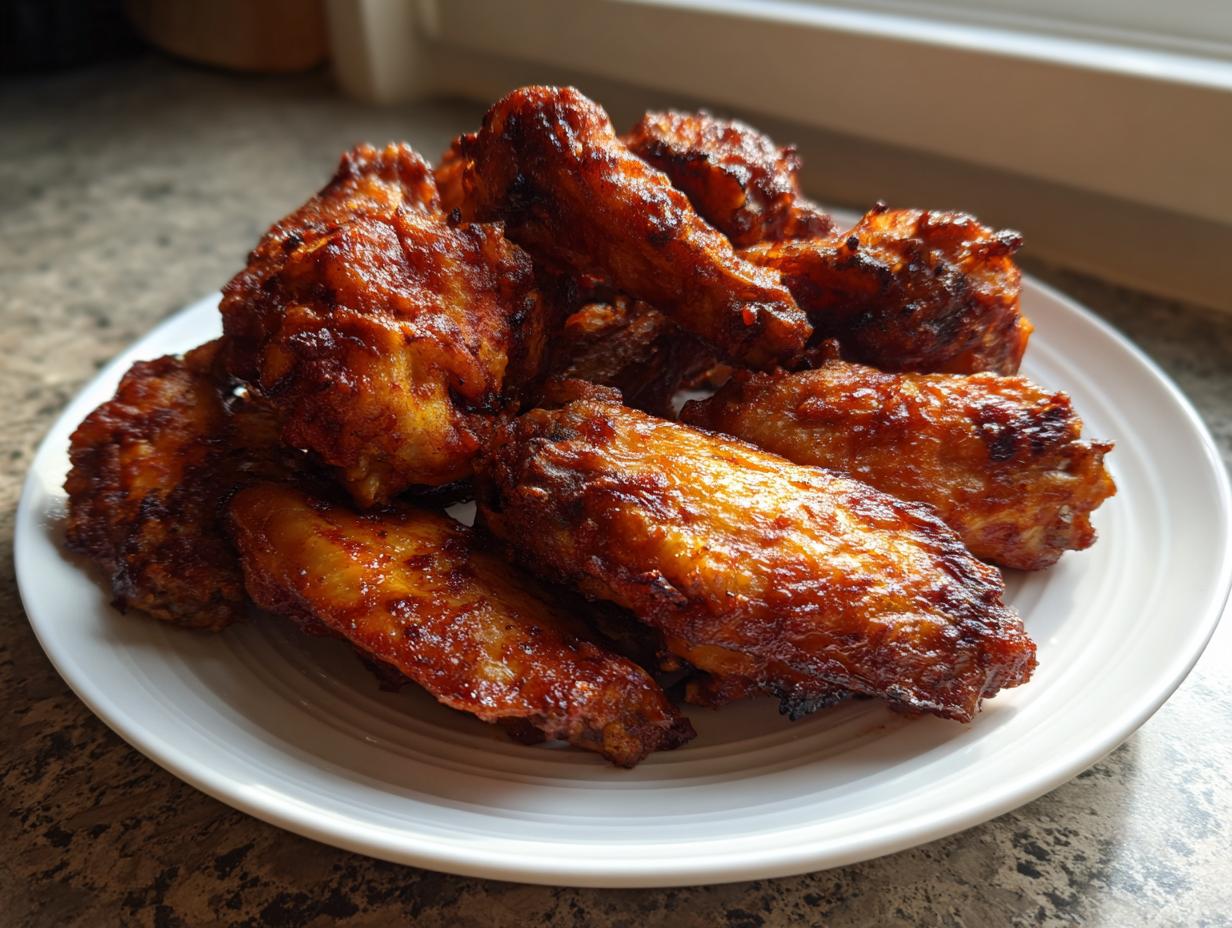 A pile of perfectly crispy, glazed chicken wings stacked high on a white plate, ready to eat.