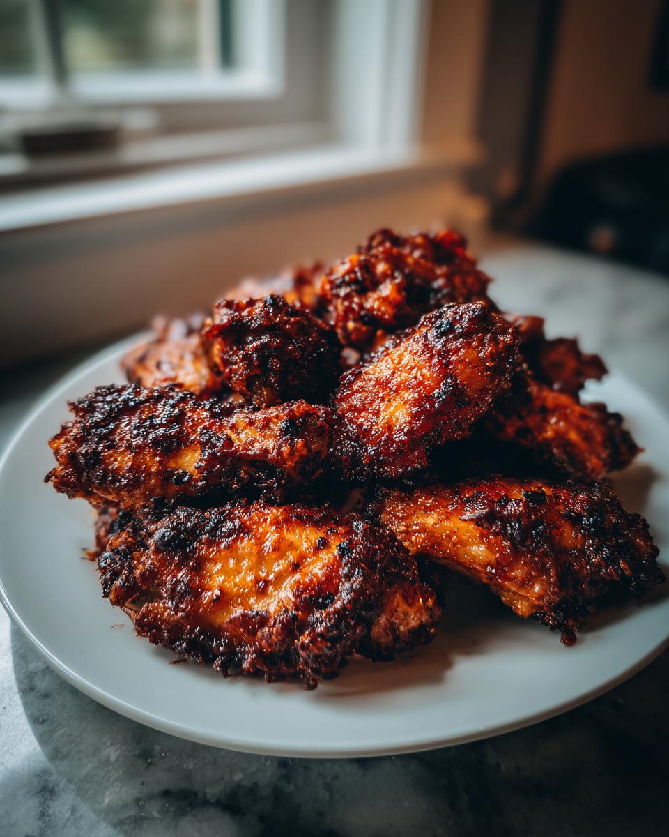A close-up photo of a pile of perfectly crispy, dark-glazed chicken wings served on a white plate.