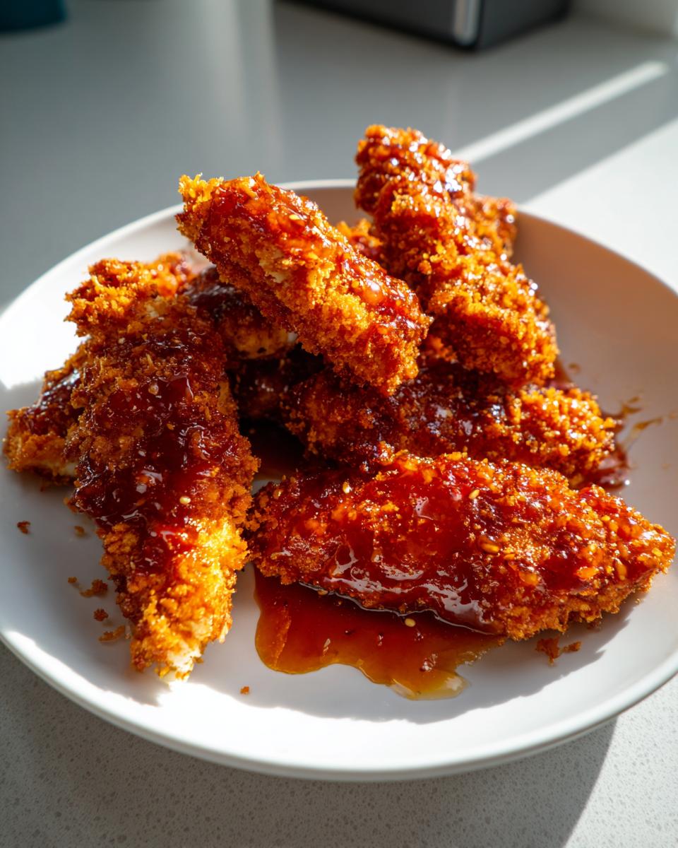 A plate piled high with crispy, golden hot honey chicken tenders generously coated in a shiny, sticky glaze.