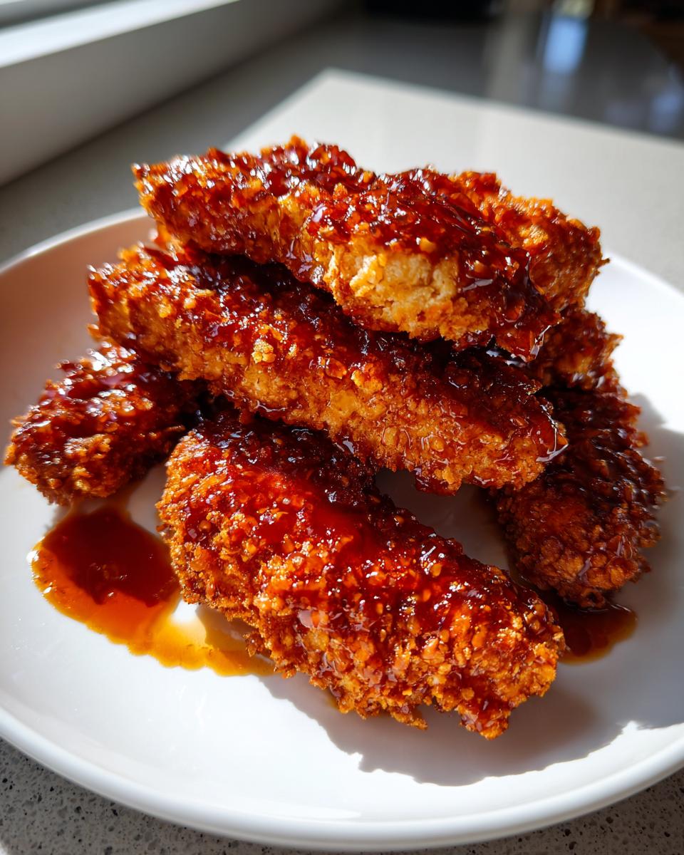 A stack of crispy, golden-brown hot honey chicken tenders heavily glazed with a shiny, dark amber sauce.