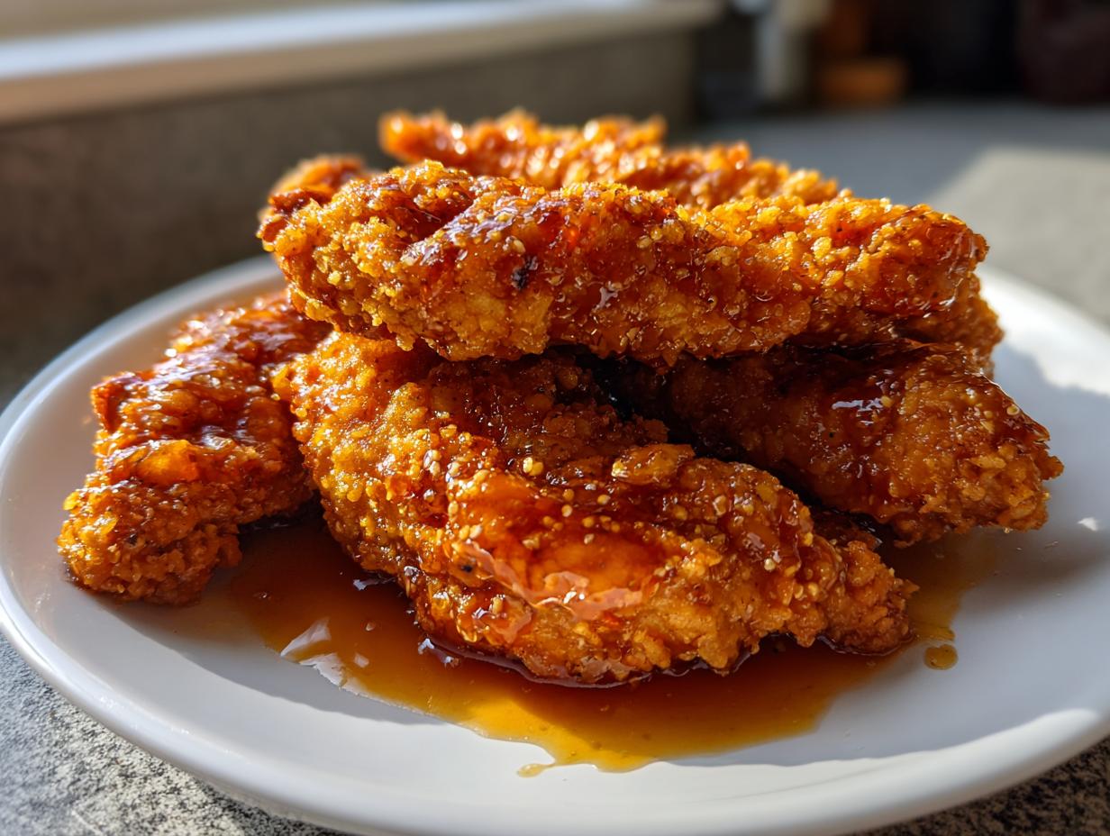 A stack of crispy, glazed hot honey chicken tenders glistening with sauce on a white plate.