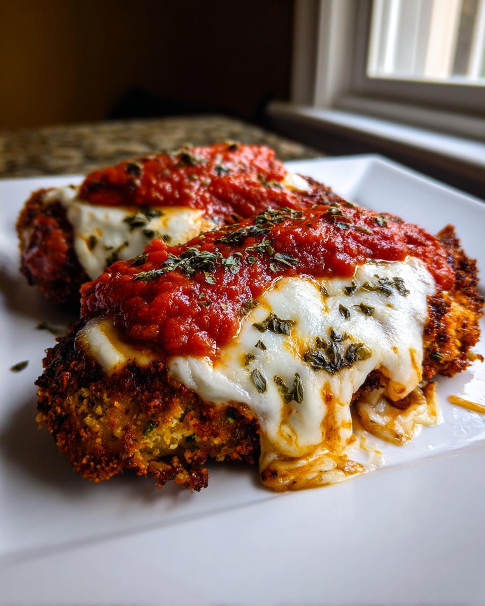 Two pieces of crispy keto chicken parmesan topped with melted mozzarella cheese and marinara sauce.