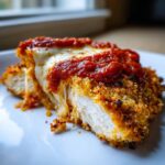 A cross-section of crispy keto chicken parmesan topped with melted mozzarella and rich tomato sauce.