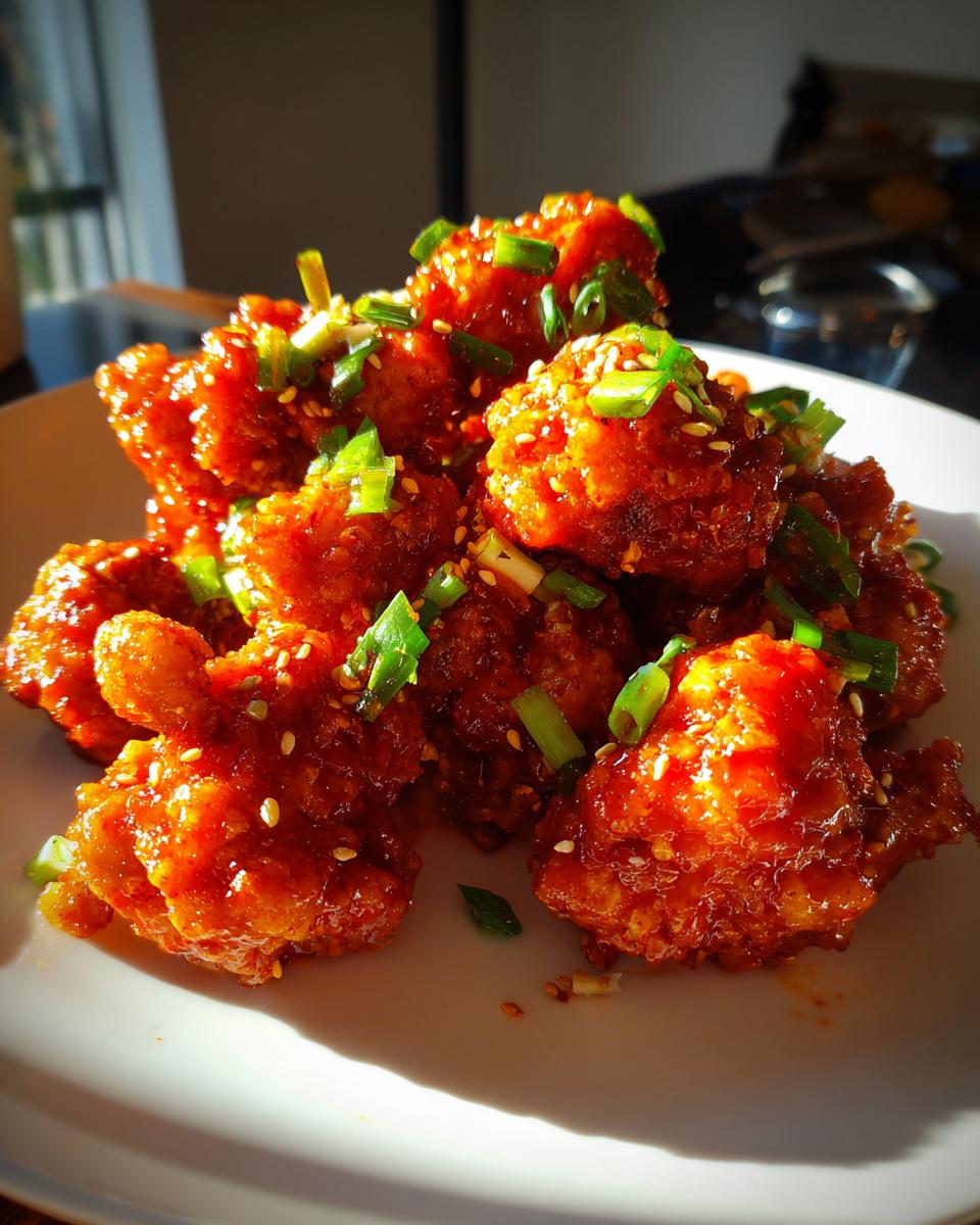 A close-up of glossy, saucy korean fried chicken pieces garnished with sesame seeds and chopped green onions.