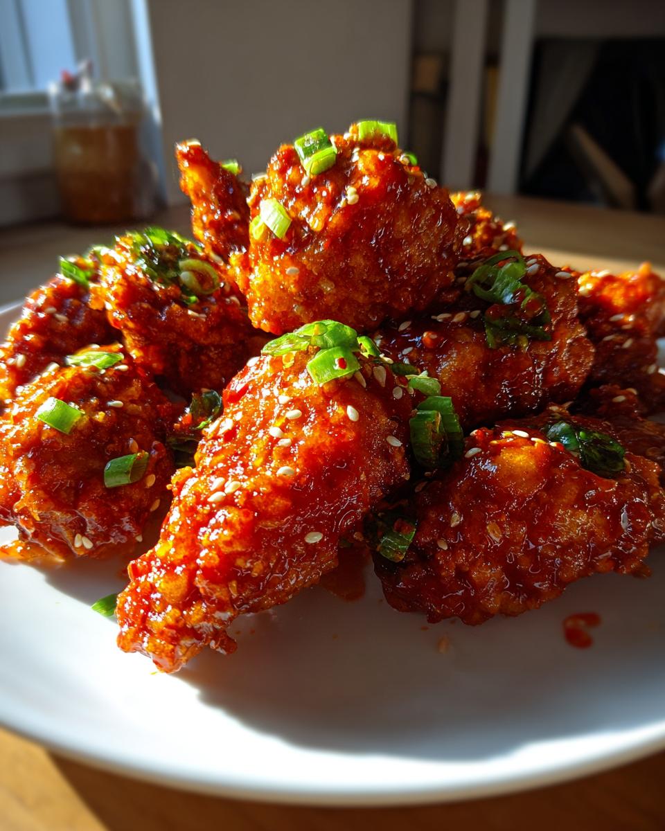 A plate piled high with glossy, red-glazed korean fried chicken pieces, topped with sesame seeds and chopped green onions.