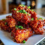 Close-up of perfectly glazed korean fried chicken pieces topped with sesame seeds and chopped scallions.
