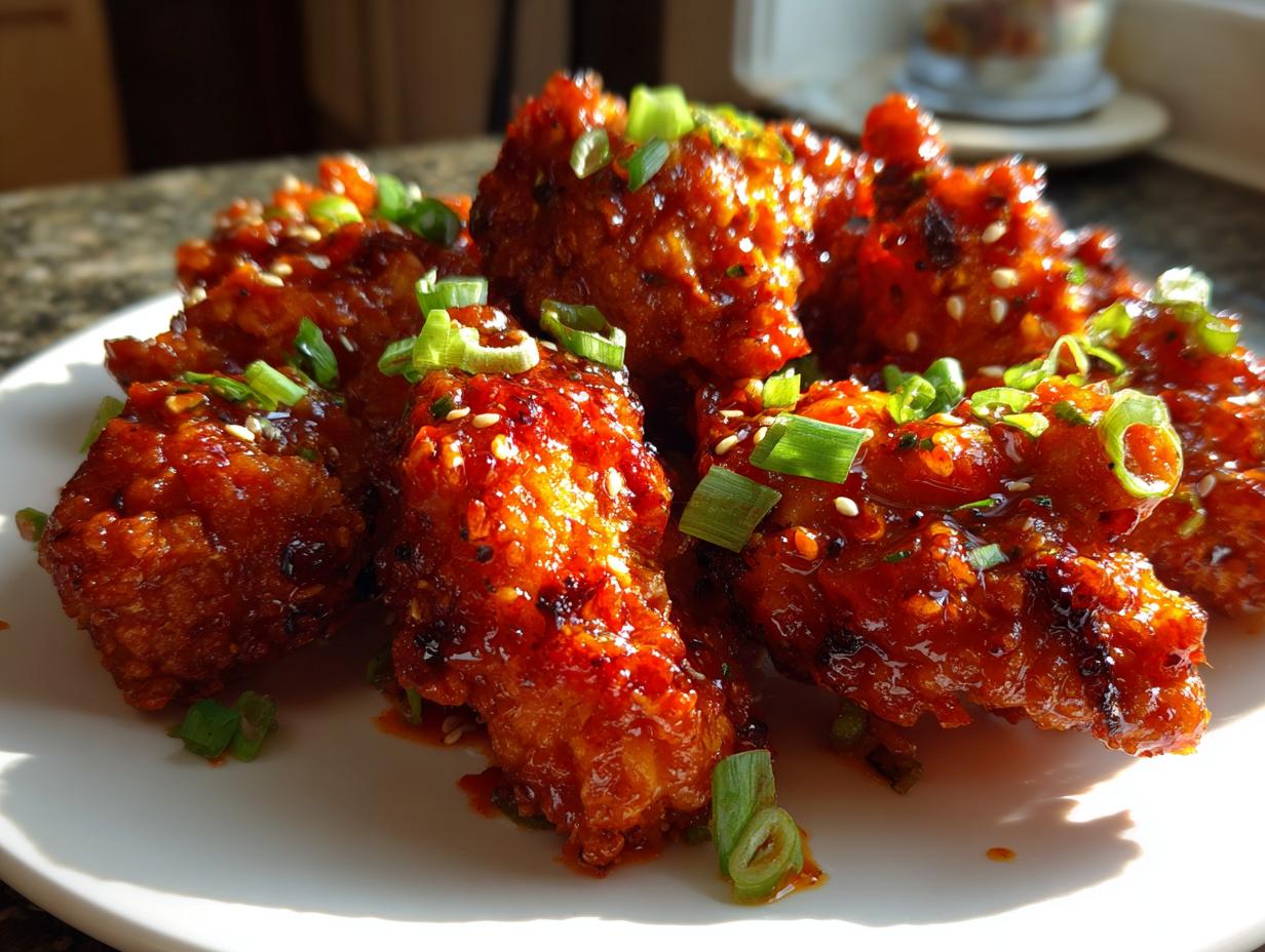 Close-up of glossy, saucy korean fried chicken pieces garnished with sesame seeds and green onions.