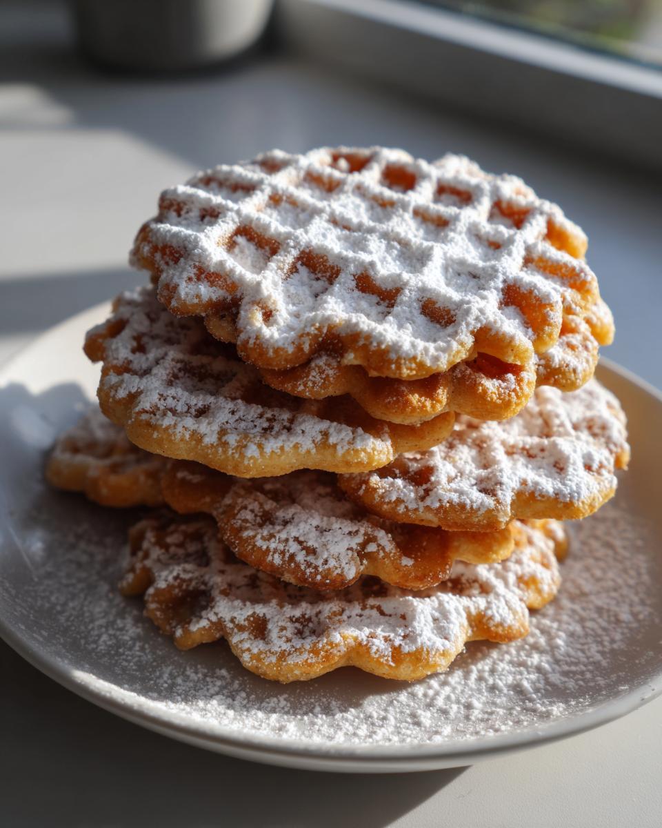 A stack of golden brown, crisp pizzelle cookies generously dusted with white powdered sugar on a light plate.