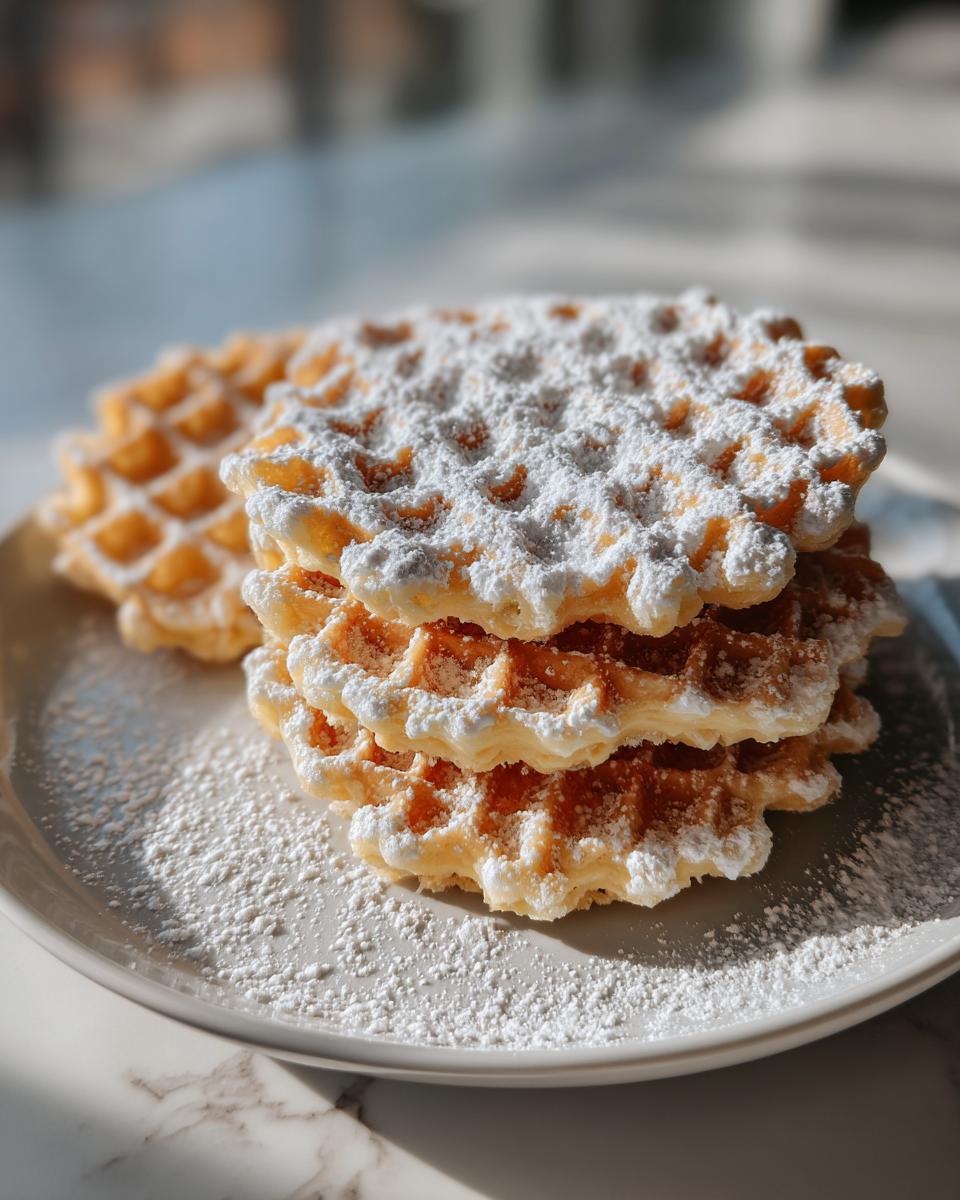 A stack of golden, crisp pizzelle cookies heavily dusted with white powdered sugar on a light plate.