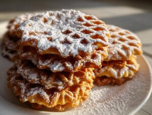 A stack of golden brown, crisp pizzelle cookies dusted heavily with powdered sugar, sitting on a white plate.