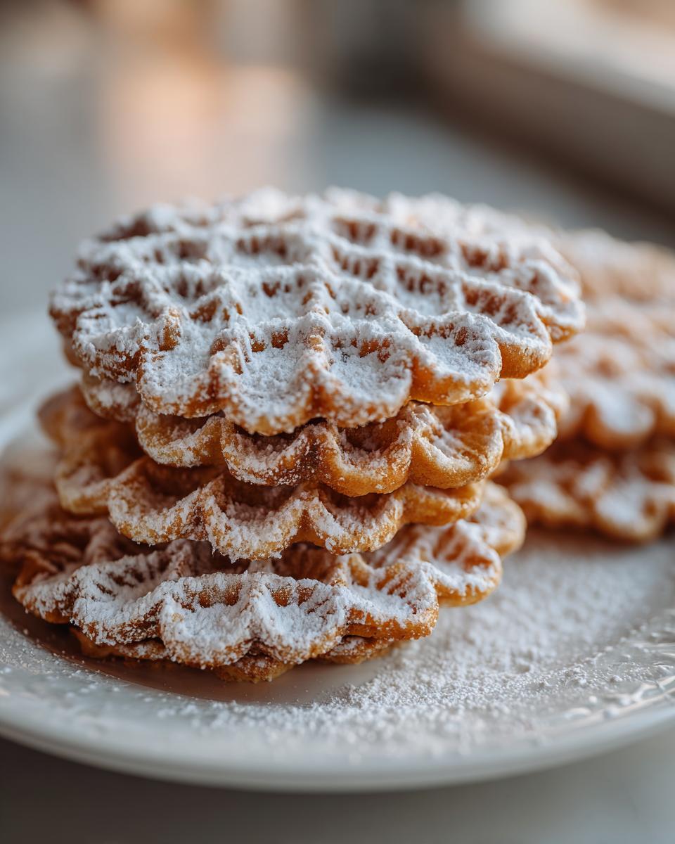 A close-up stack of golden brown pizzelle cookies generously dusted with powdered sugar on a white plate.