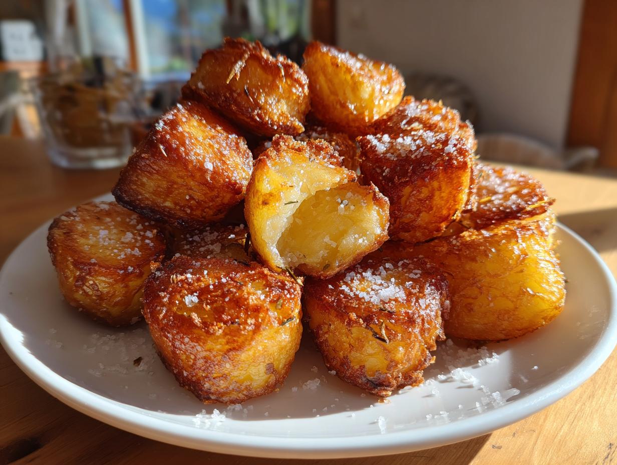 A stack of golden brown, deeply textured roast potatoes sprinkled with coarse sea salt, showing a fluffy interior.