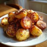 A close-up of golden, crispy roast potatoes seasoned with rosemary and flaky salt.
