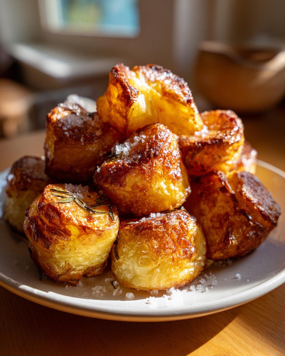 A close-up of golden brown, incredibly crispy roast potatoes sprinkled with coarse salt and rosemary.