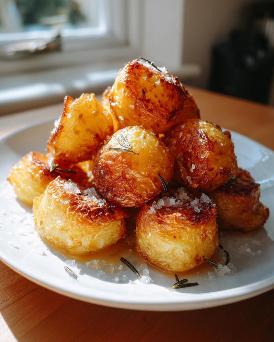 A mound of golden brown, crispy roast potatoes seasoned with flaky sea salt and rosemary sprigs.