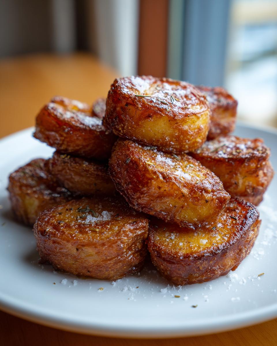 A stack of golden brown, crispy roast potatoes seasoned with salt and herbs on a white plate.