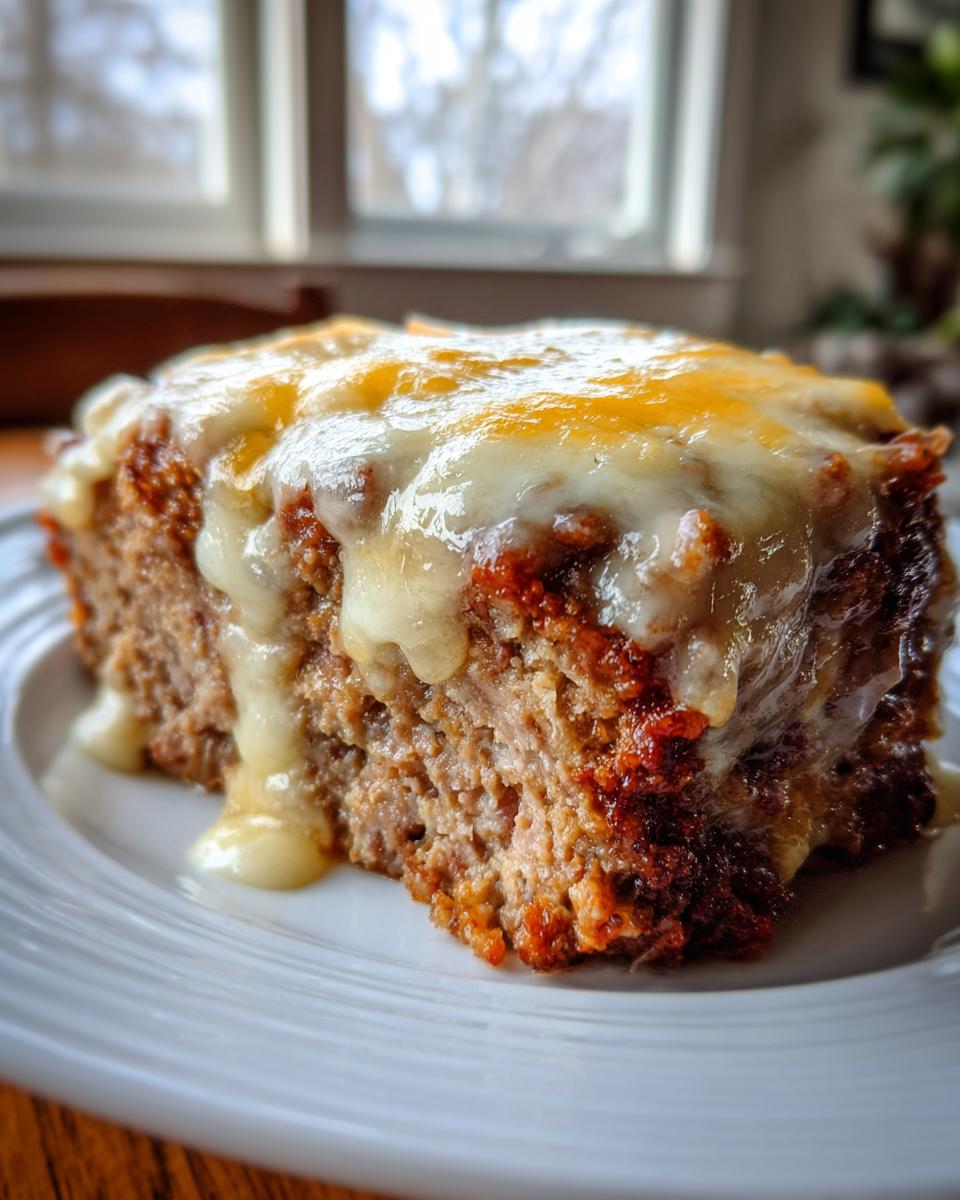 A close-up of a hearty slice of crockpot french onion meatloaf topped with gooey, melted cheese.