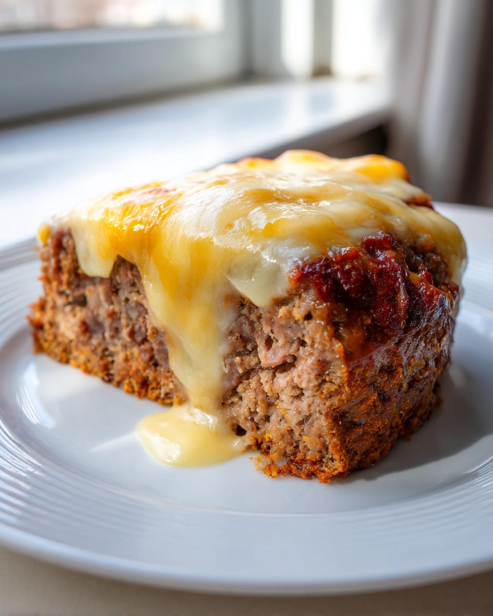 A thick slice of crockpot french onion meatloaf topped with generously melted, gooey cheese, served on a white plate.