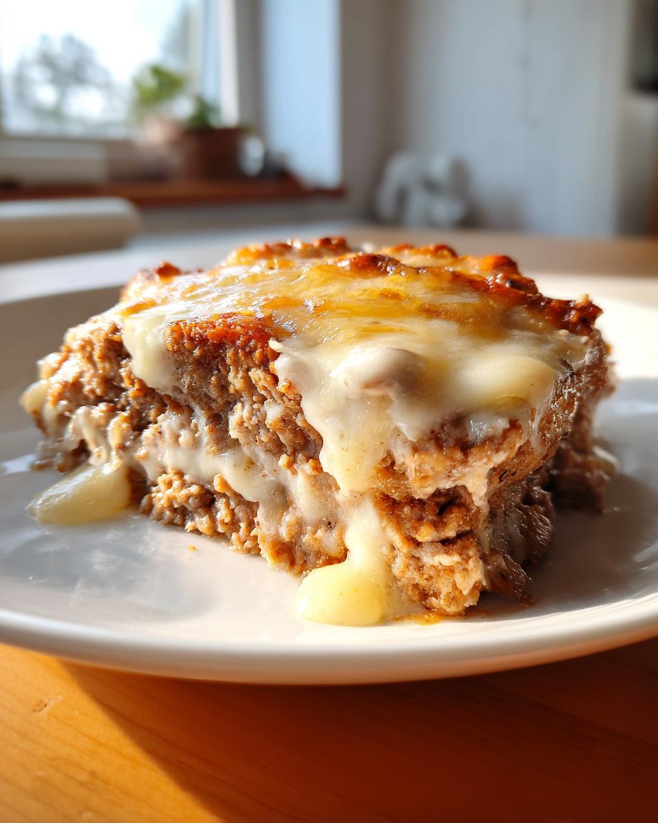 A close-up of a slice of crockpot french onion meatloaf topped with gooey, melted cheese.