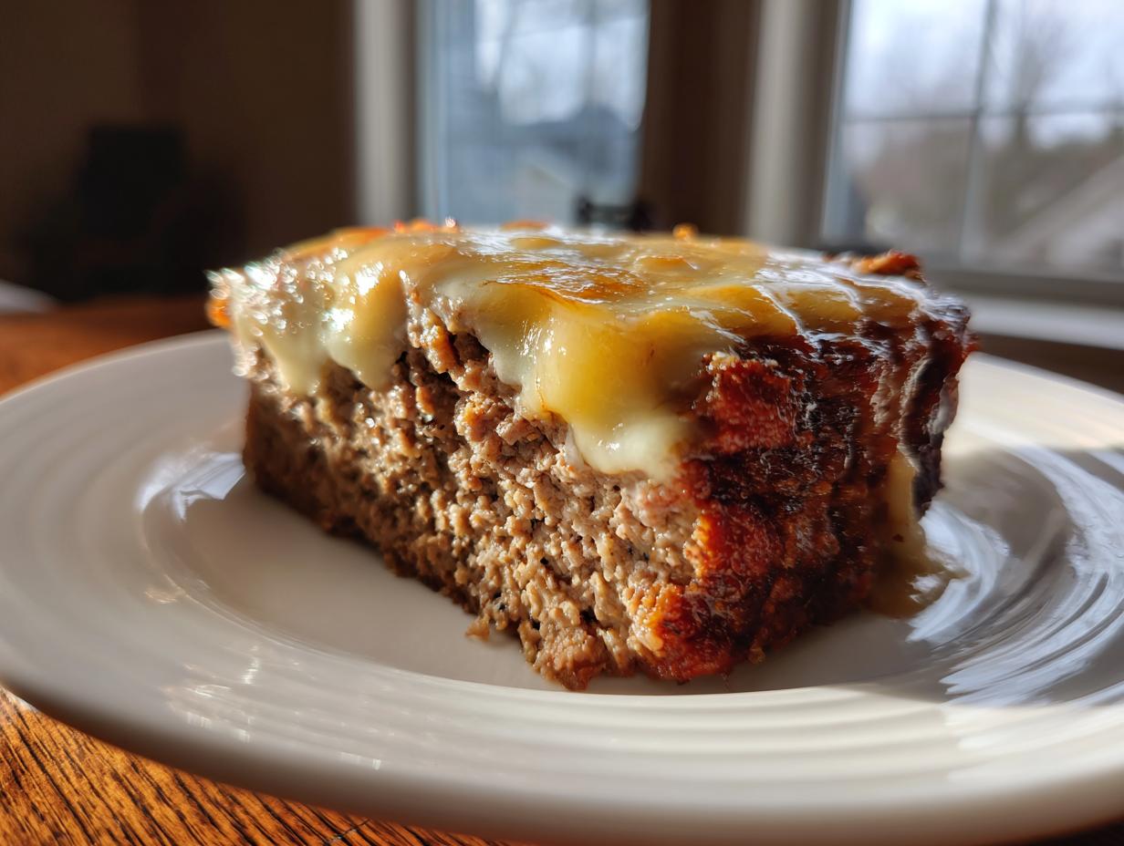 A close-up, sunlit slice of crockpot french onion meatloaf topped with melted Swiss cheese on a white plate.