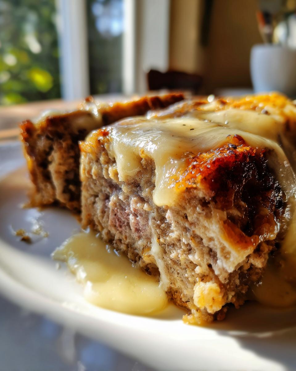 Close-up of two slices of crockpot french onion meatloaf topped with melted provolone cheese sauce.