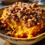 Close-up of a scoop of bright orange crockpot sweet potato casserole topped with a crunchy pecan streusel topping.
