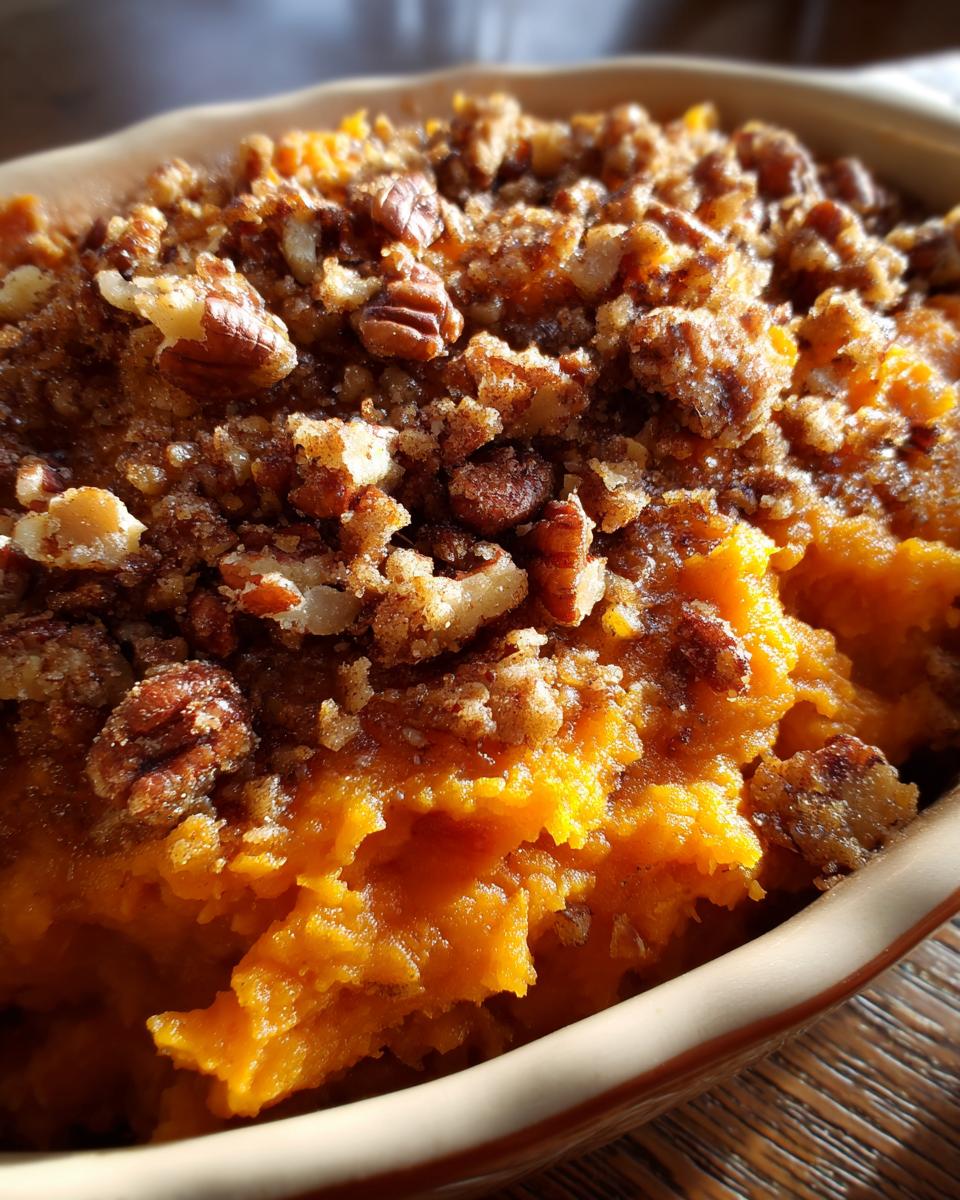 A close-up of rich, orange crockpot sweet potato casserole topped with a crunchy pecan and brown sugar streusel topping.