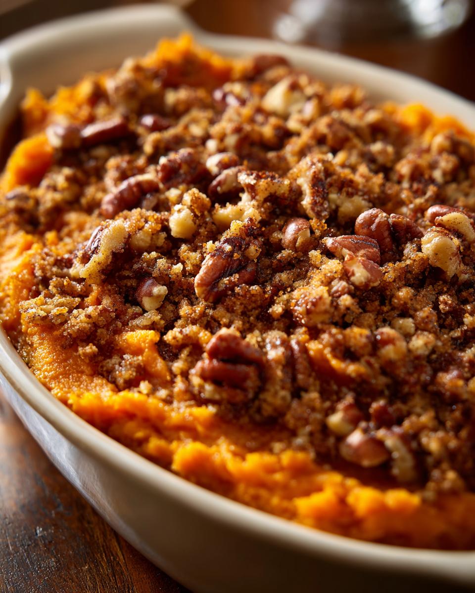 A close-up view of a rich, orange crockpot sweet potato casserole topped with a crunchy pecan streusel topping.