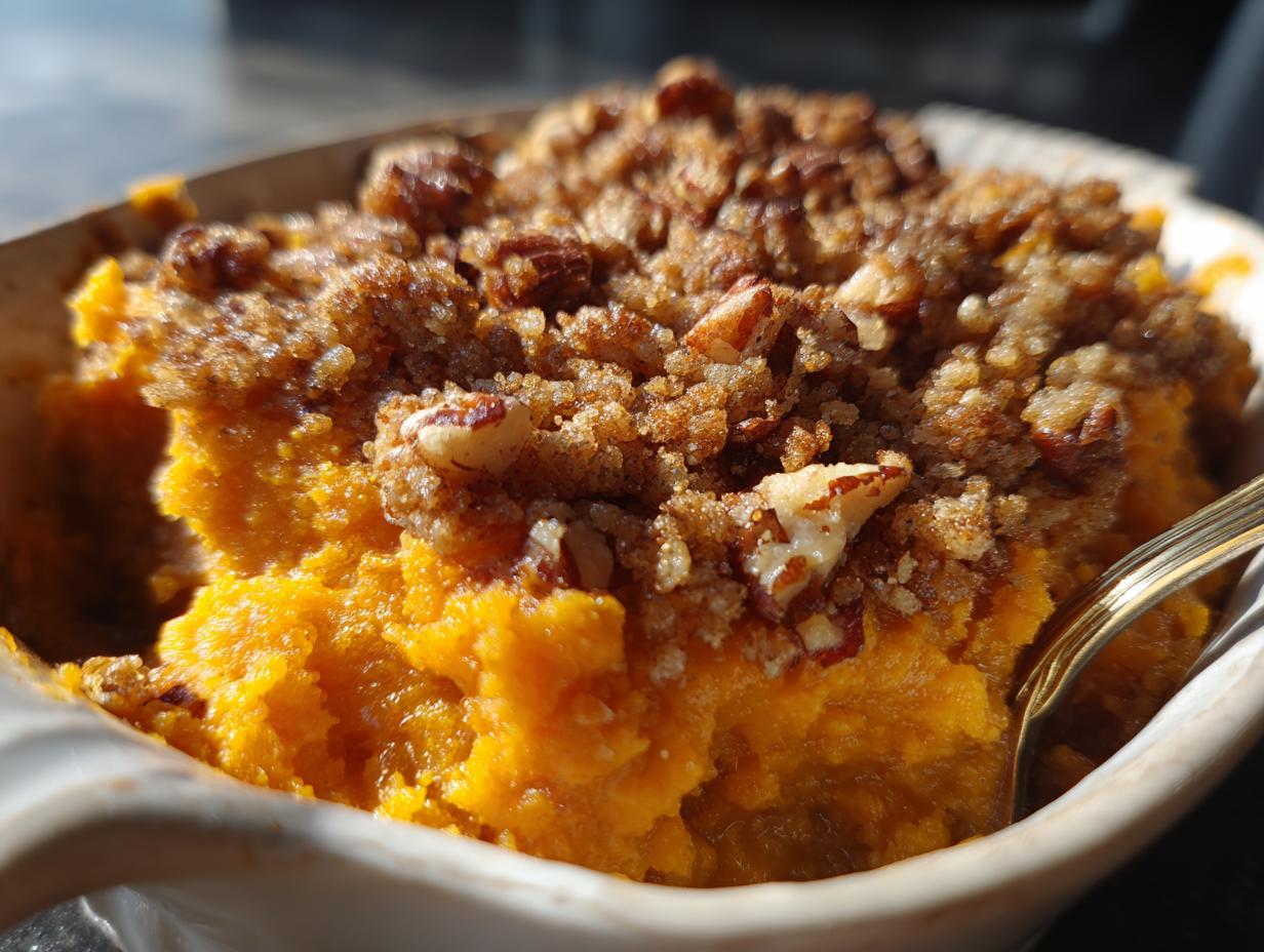 A close-up shot of creamy crockpot sweet potato casserole topped with a brown sugar and pecan crumble.