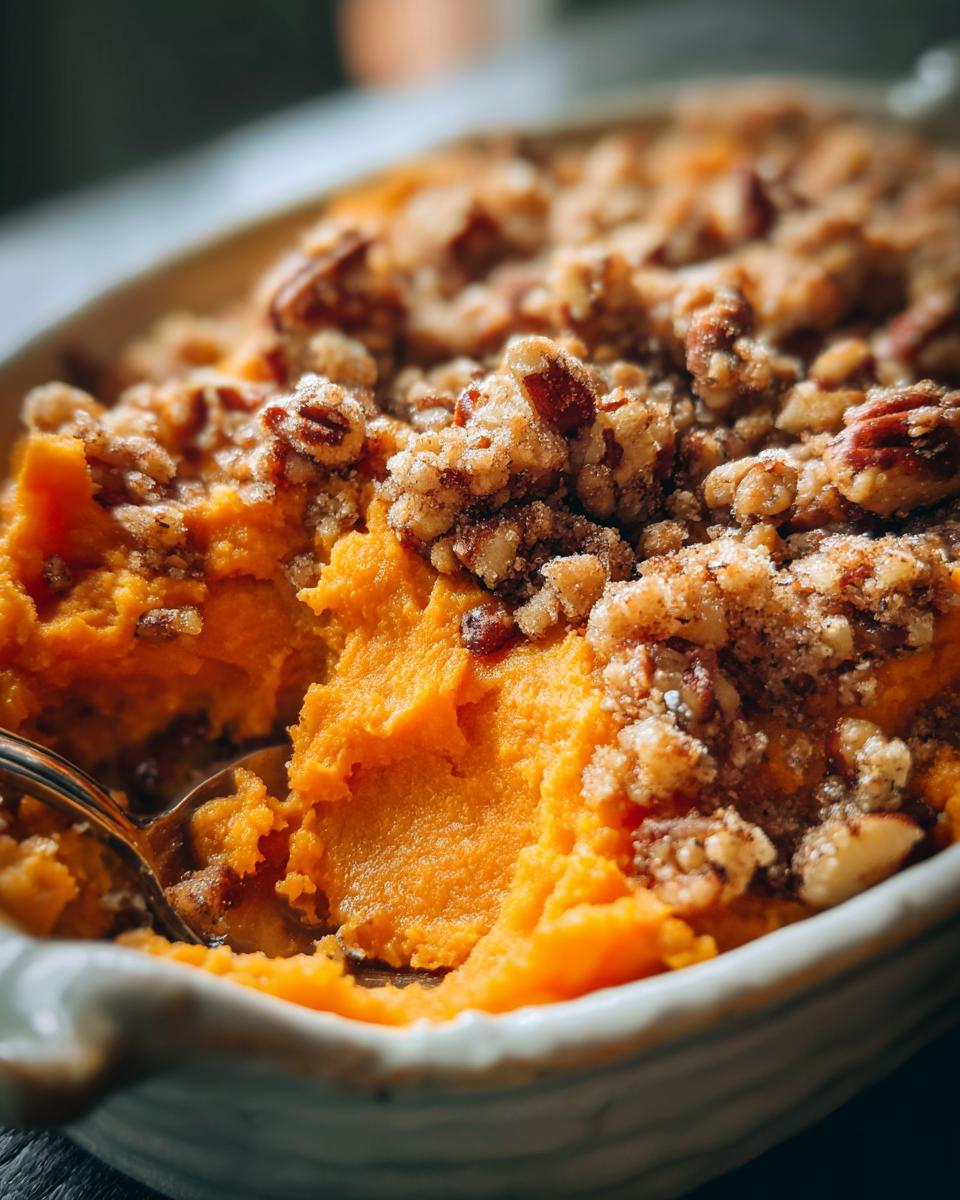 A close-up of creamy orange crockpot sweet potato casserole topped with a brown sugar pecan crumble, being scooped with a spoon.