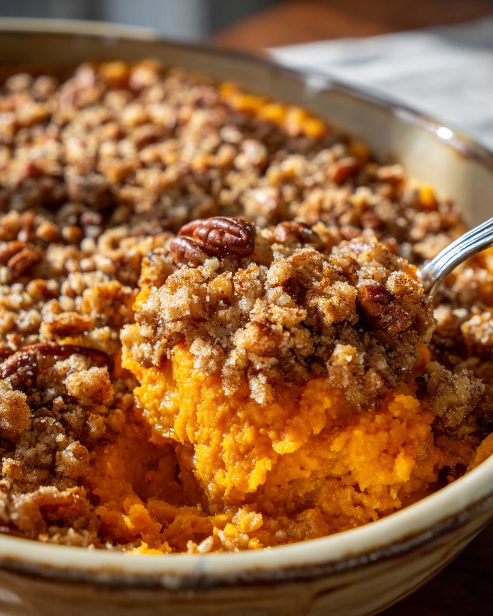 A spoonful being lifted from a rich, orange crockpot sweet potato casserole topped with a crunchy pecan streusel.