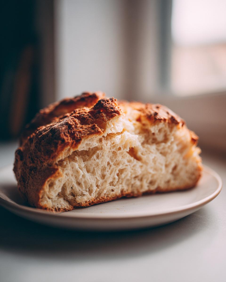 Close-up of a freshly baked soda bread, showing its crusty brown top and soft, airy interior crumb.