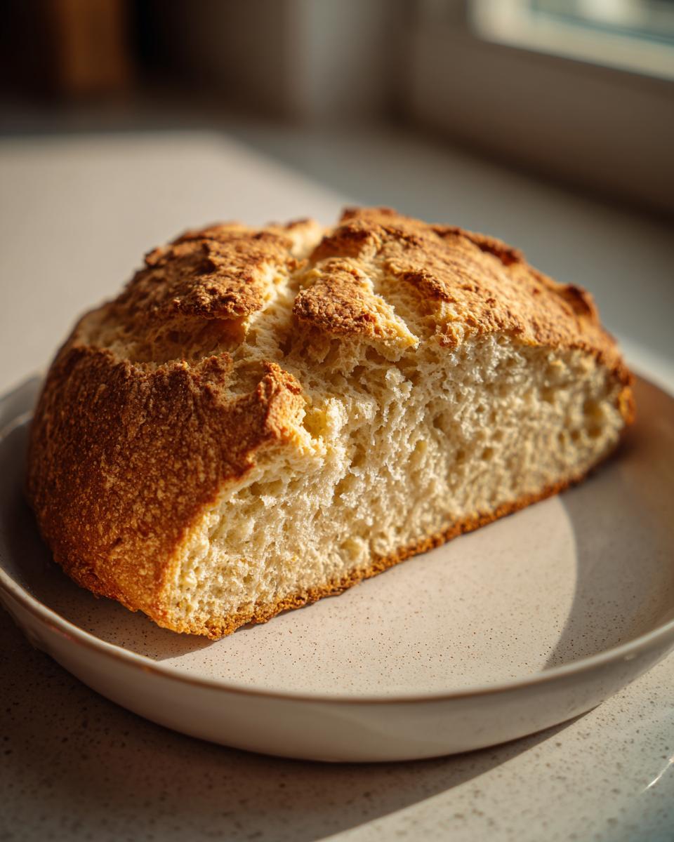 Close-up of a freshly baked soda bread, cut in half to show the soft interior and golden, crusty top.
