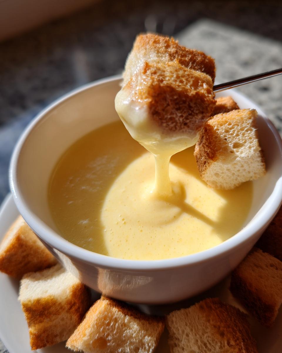 A piece of toasted bread is dipped into a white bowl of creamy, yellow cheese fondue recipe.