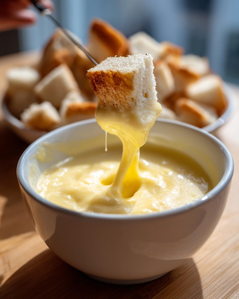 A piece of crusty bread is dipped into a bowl of smooth, melted cheese fondue recipe, with more bread in the background.