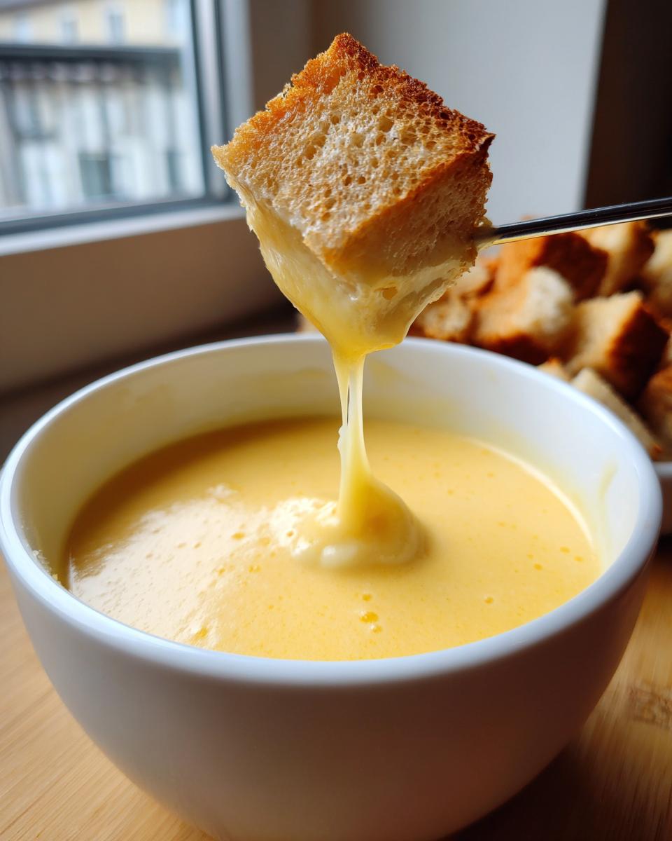 A piece of crusty bread being dipped into a bowl of smooth, melted cheese fondue recipe, showing a long, satisfying cheese pull.